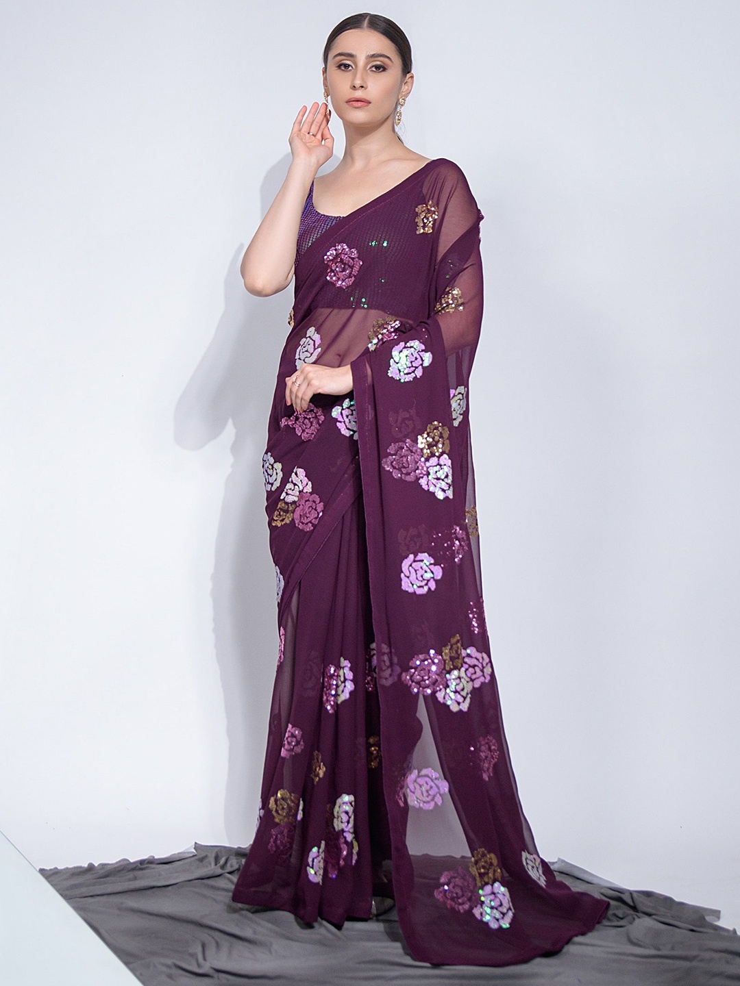 

KALINI Floral Sequinned Pure Georgette Saree, Purple