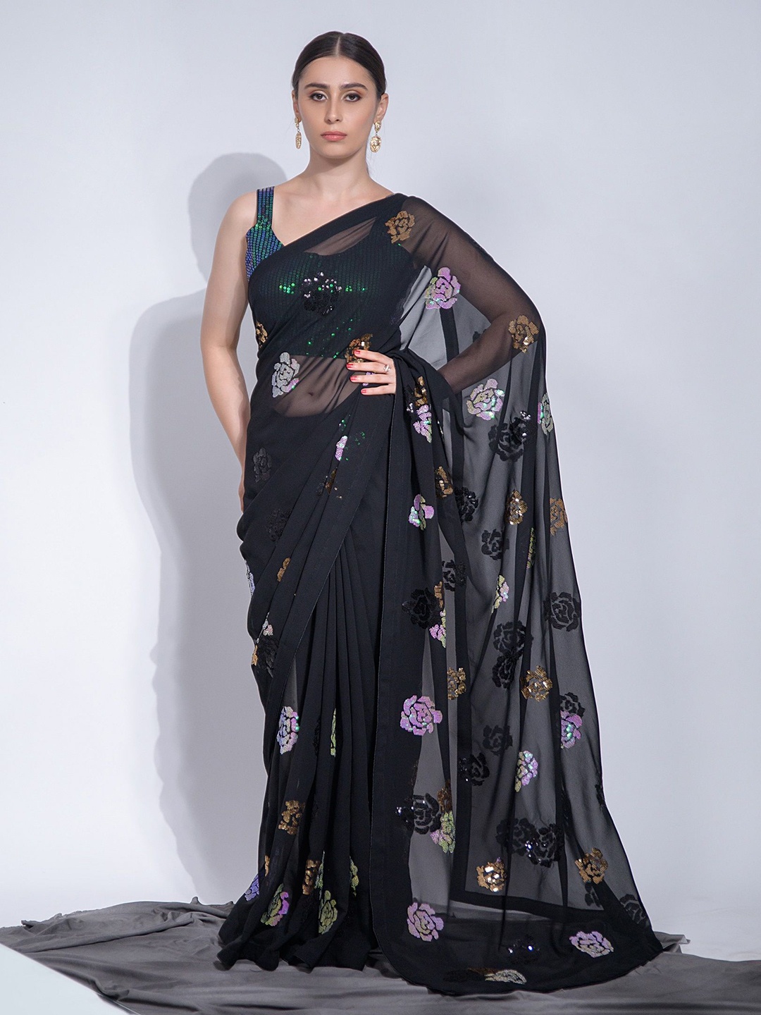 

KALINI Embellished Sequinned Pure Georgette Saree, Black