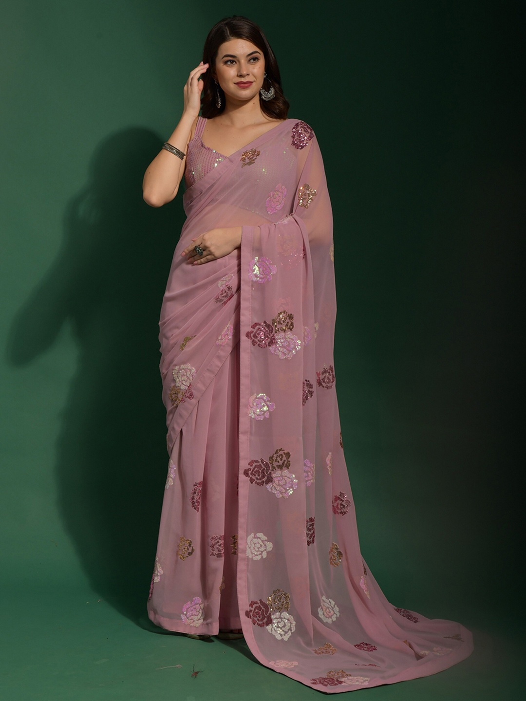 

CANIZZARO Embellished Sequinned Pure Georgette Saree, Mauve