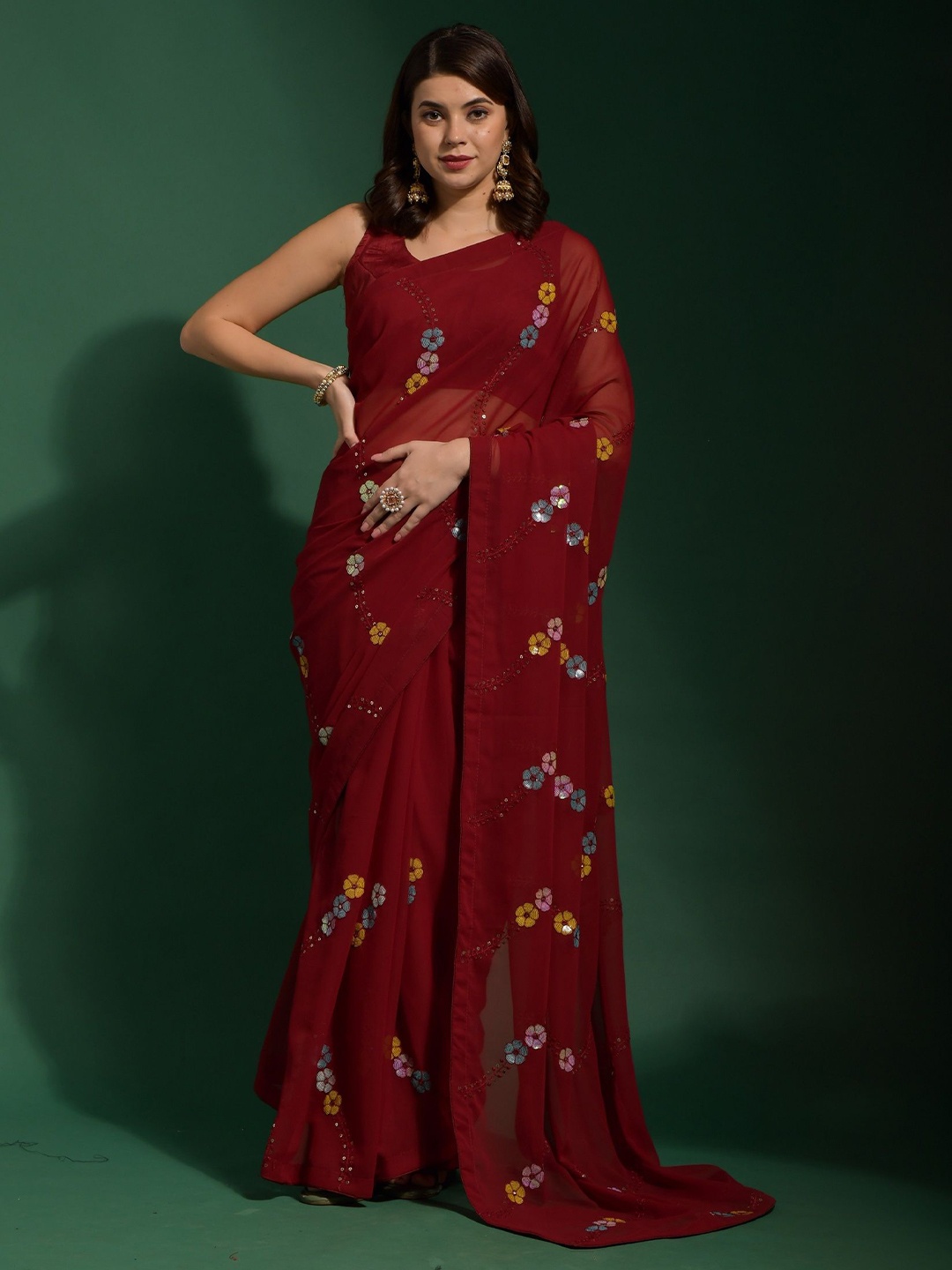 

CANIZZARO Floral Embellished Sequinned Pure Georgette Saree, Maroon