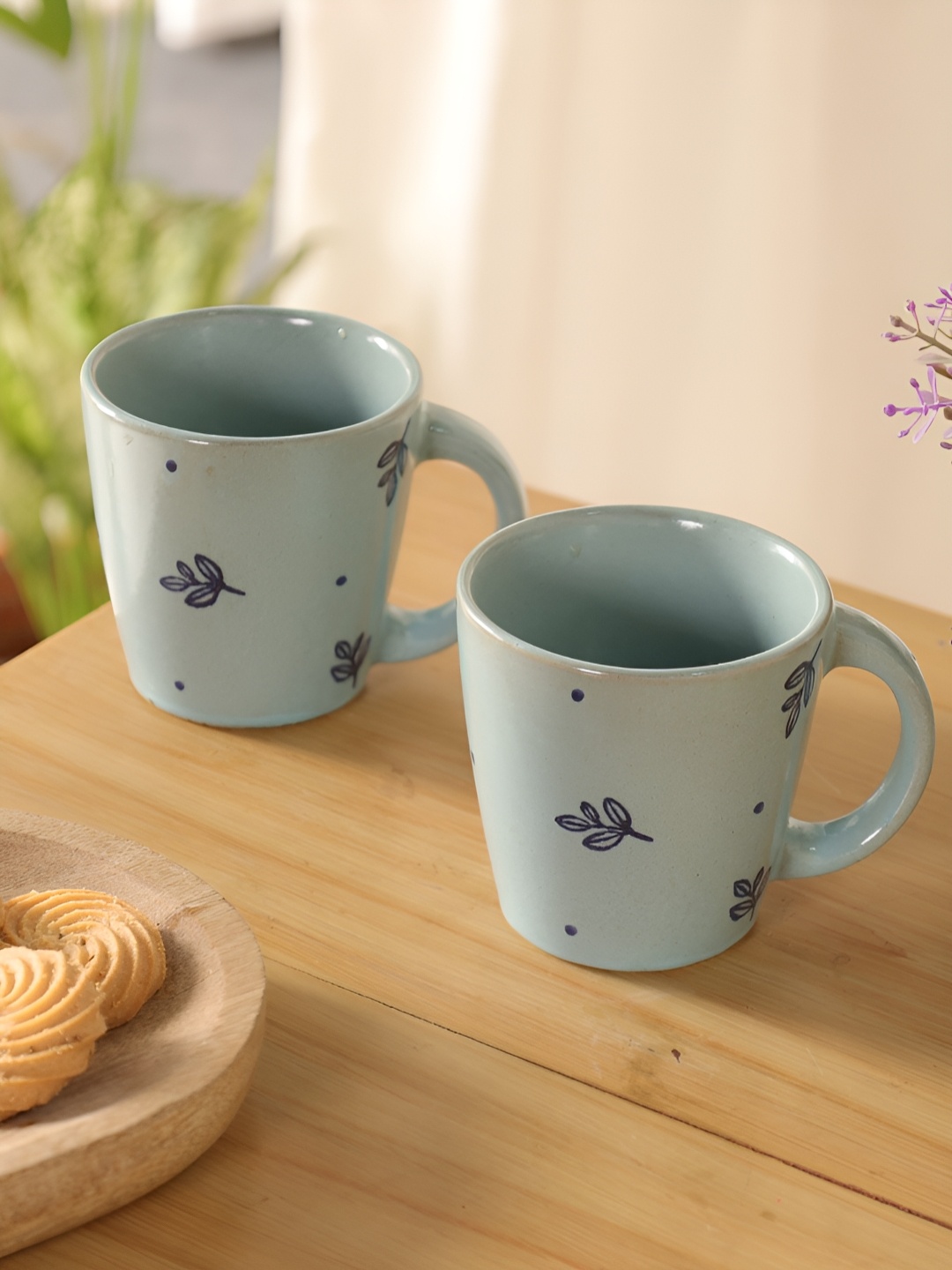 

Peepul Tree Blue & Grey 2 Pieces Floral Printed Ceramic Glossy Mugs 250 ml