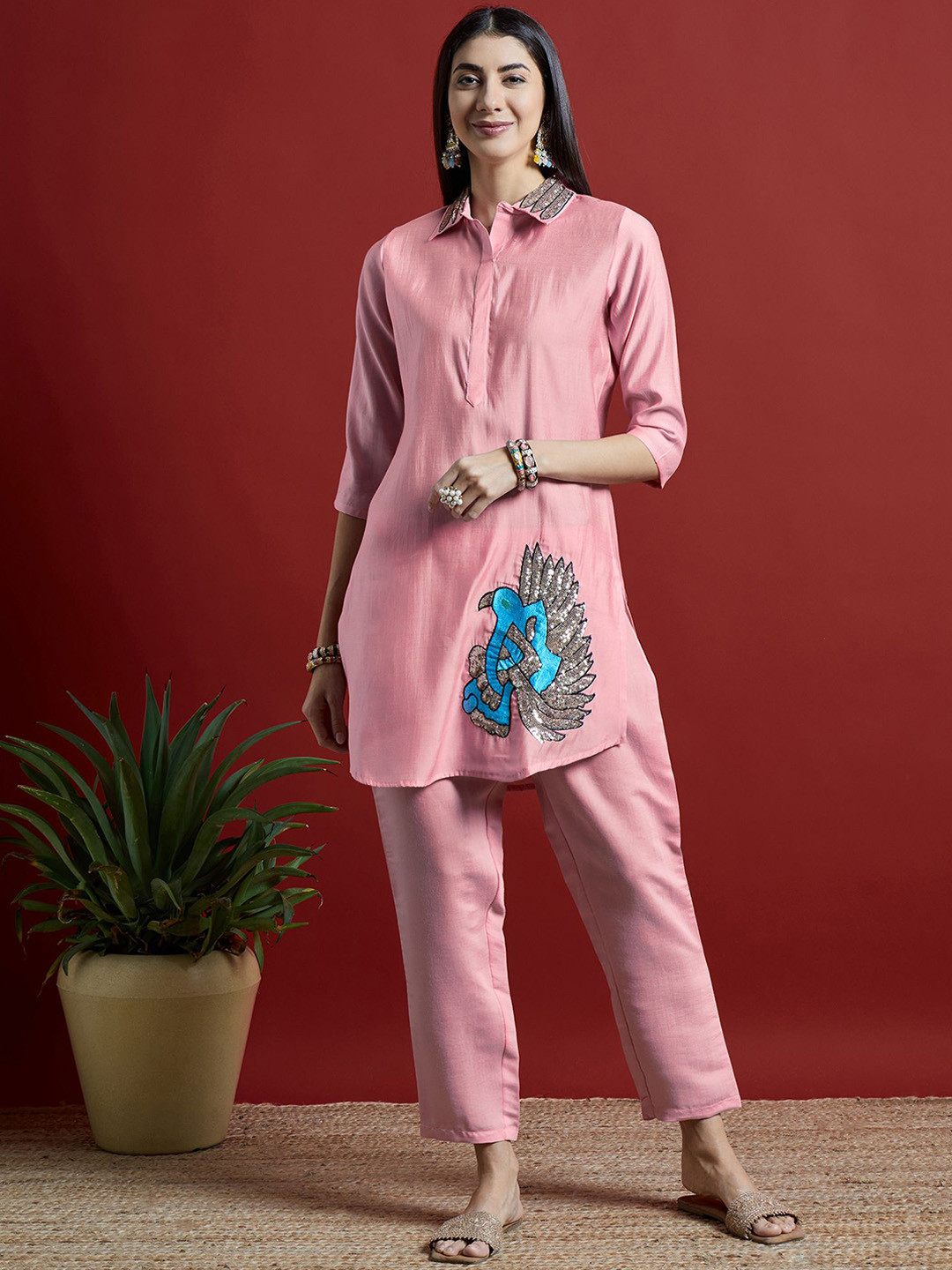 

Anouk Pink & Blue Embroidered Sequennied Shirt Collar Tunic & Trouser