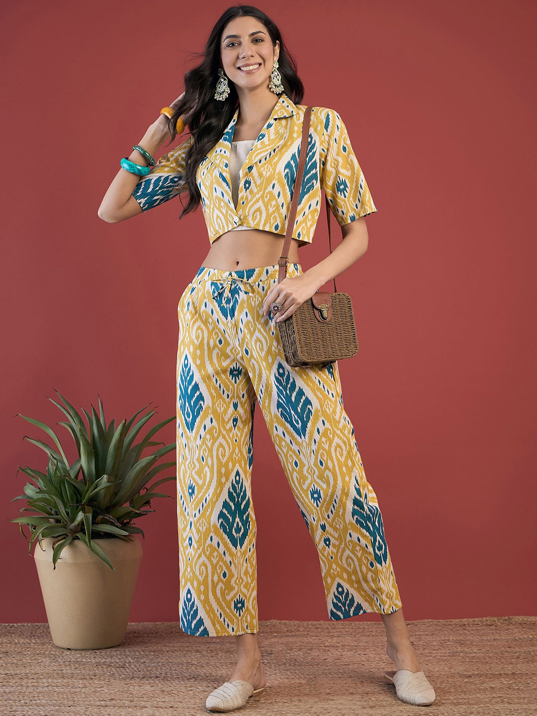 

Anouk Yellow & Blue Ethnic Motifs Printed Sleeveless Pure Cotton Top With Palazzo & Jacket