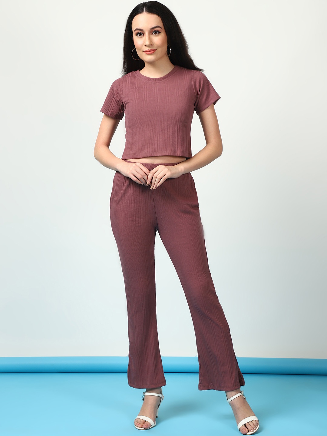 

Rigo Round Neck Short Sleeves Pure Cotton Ribbed T-Shirt With Trousers, Mauve