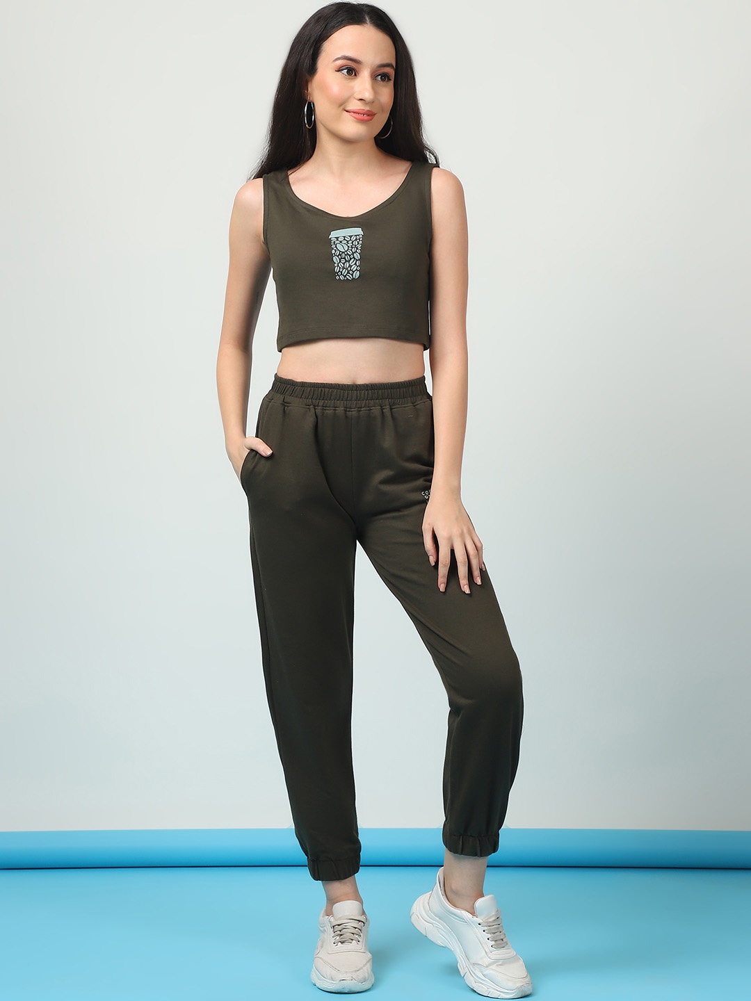

Rigo Printed Sleeveless Pure Cotton Casual Crop Top With Joggers, Green