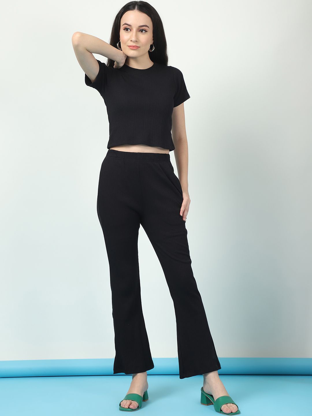 

Rigo Self Design Pure Cotton Drop Needle Crop Top With Trousers, Black