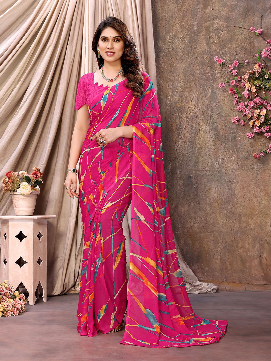 

Moda Rapido Printed Pure Georgette Saree, Pink