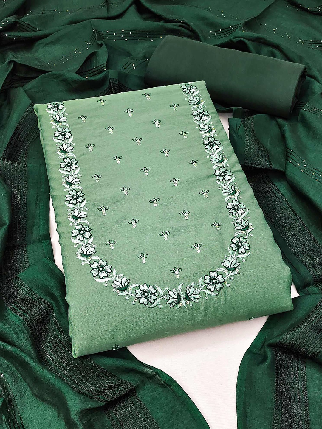 

Peachmode Embroidered Pure Cotton Unstitched Dress Material, Green
