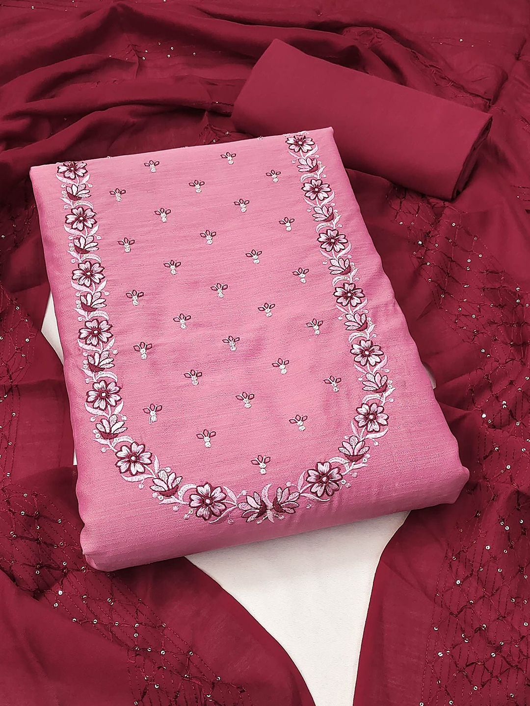 

Peachmode Ethnic Motifs Embroidered Sequinned Pure Cotton Unstitched Dress Material, Pink