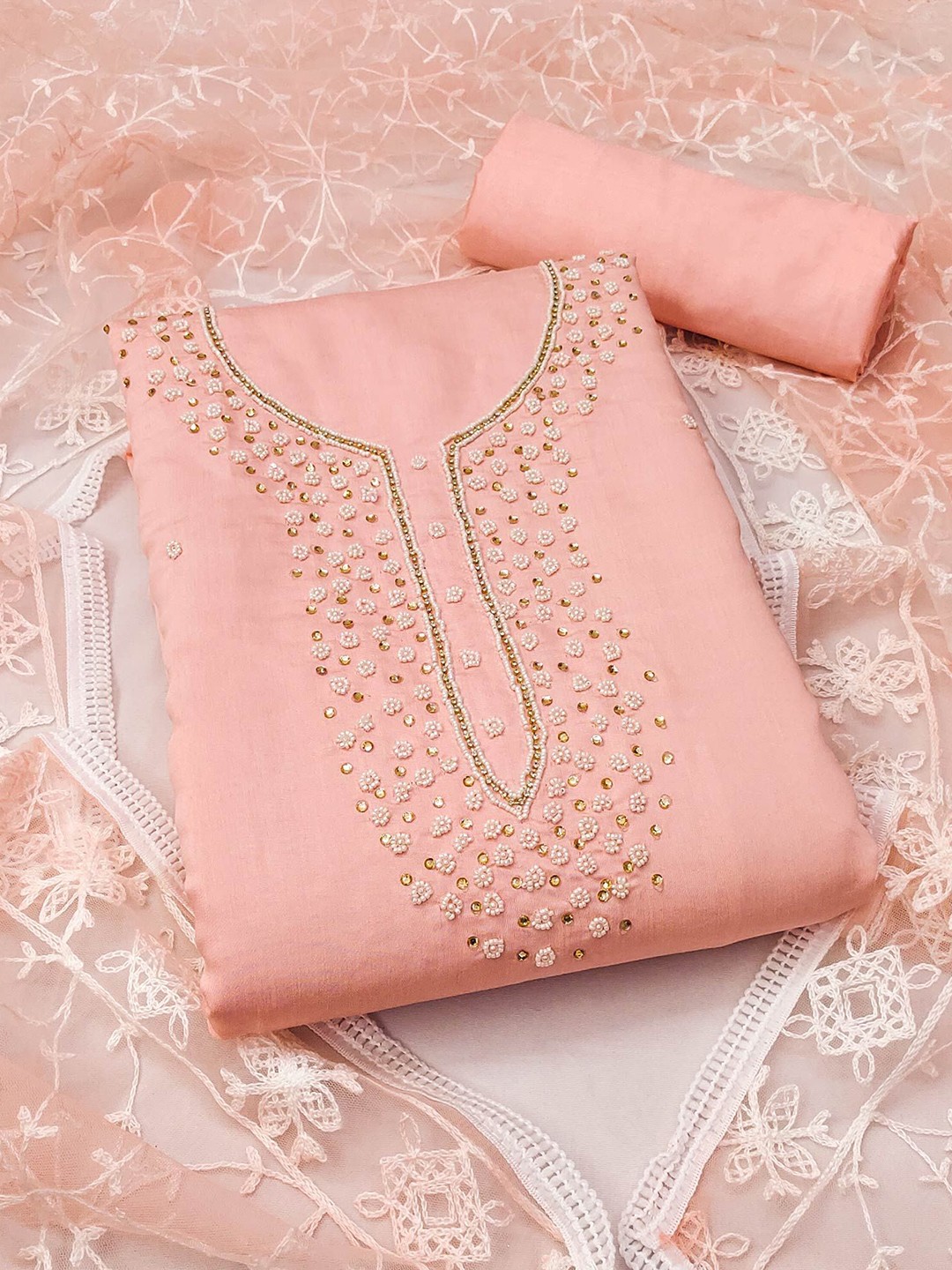 

Peachmode Floral Embroidered Unstitched Dress Material, Peach