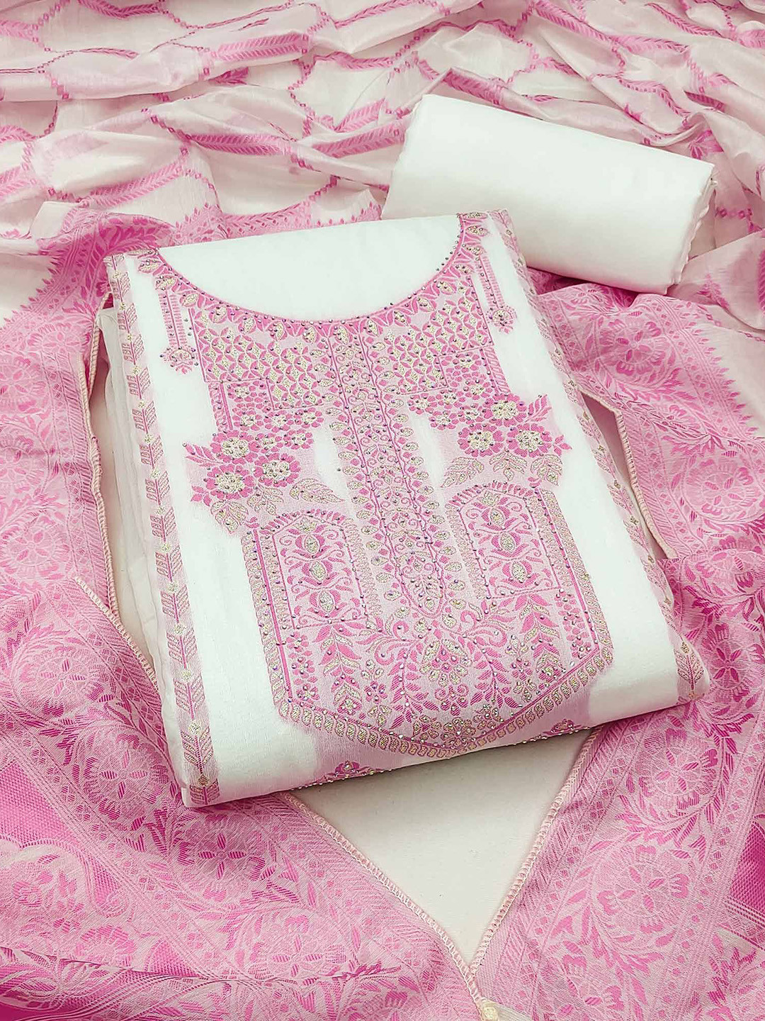 

Peachmode Floral Woven Design Unstitched Dress Material, White