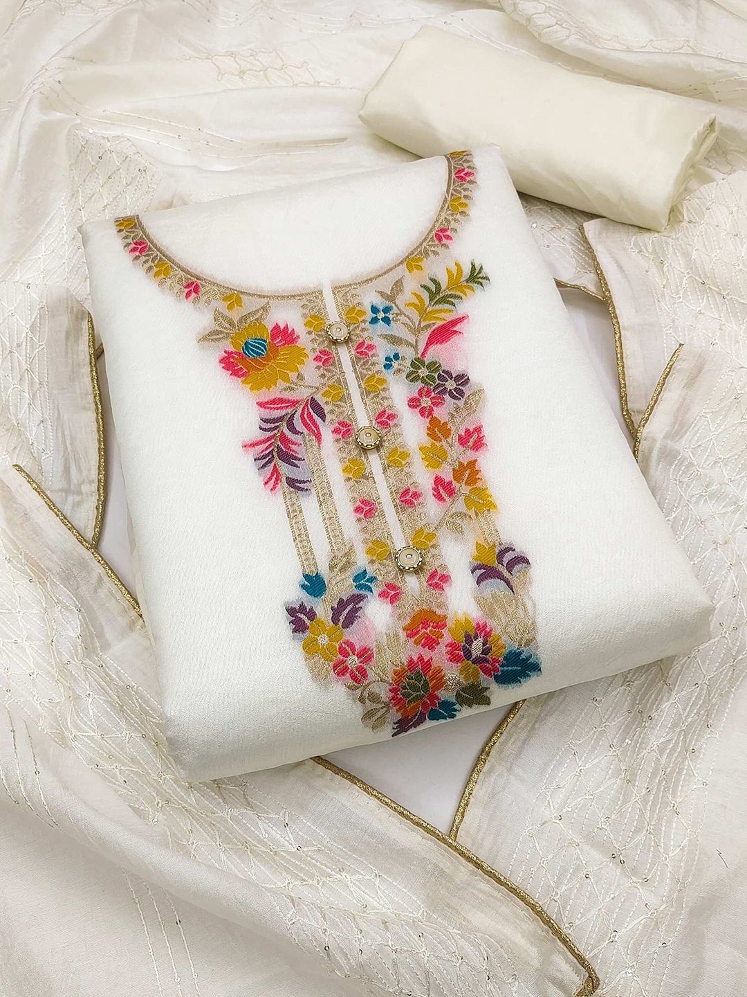 

Peachmode Floral Embroidered Woven Design Unstitched Dress Material, White