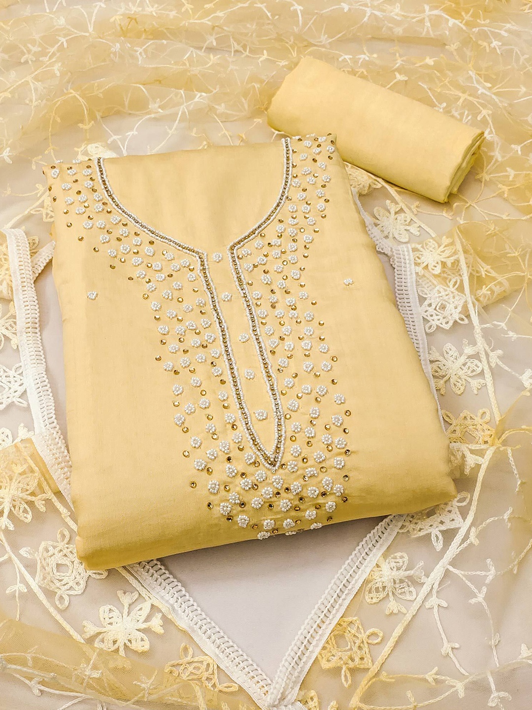 

Peachmode Ethnic Motifs Embroidered Unstitched Dress Material, Yellow