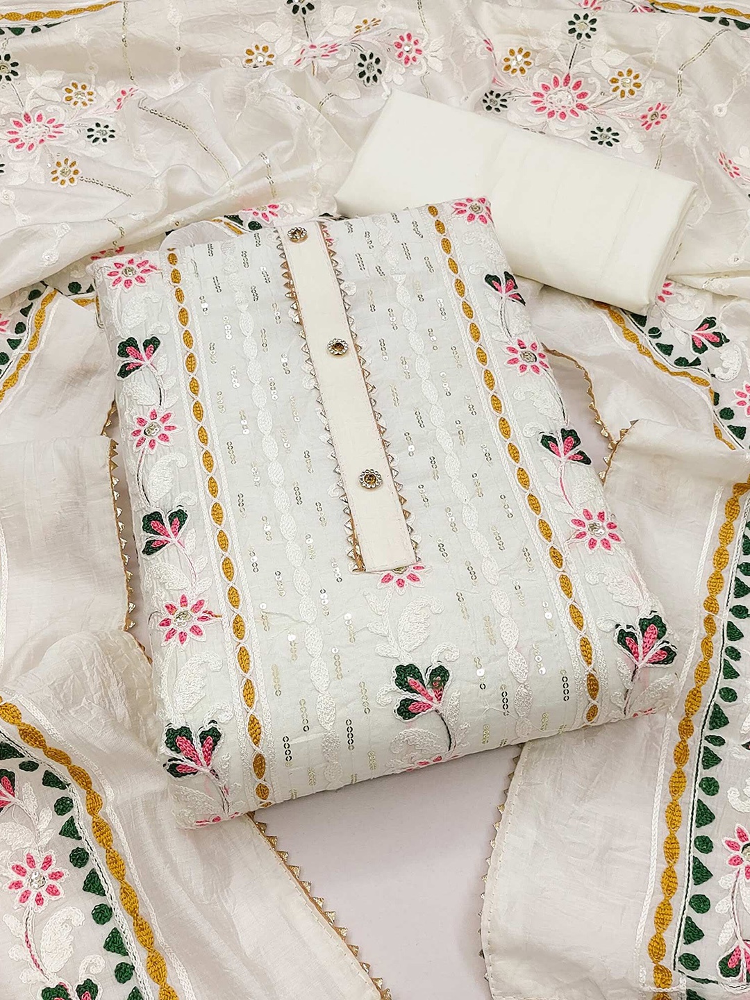 

Peachmode Embroidered Unstitched Dress Material, White