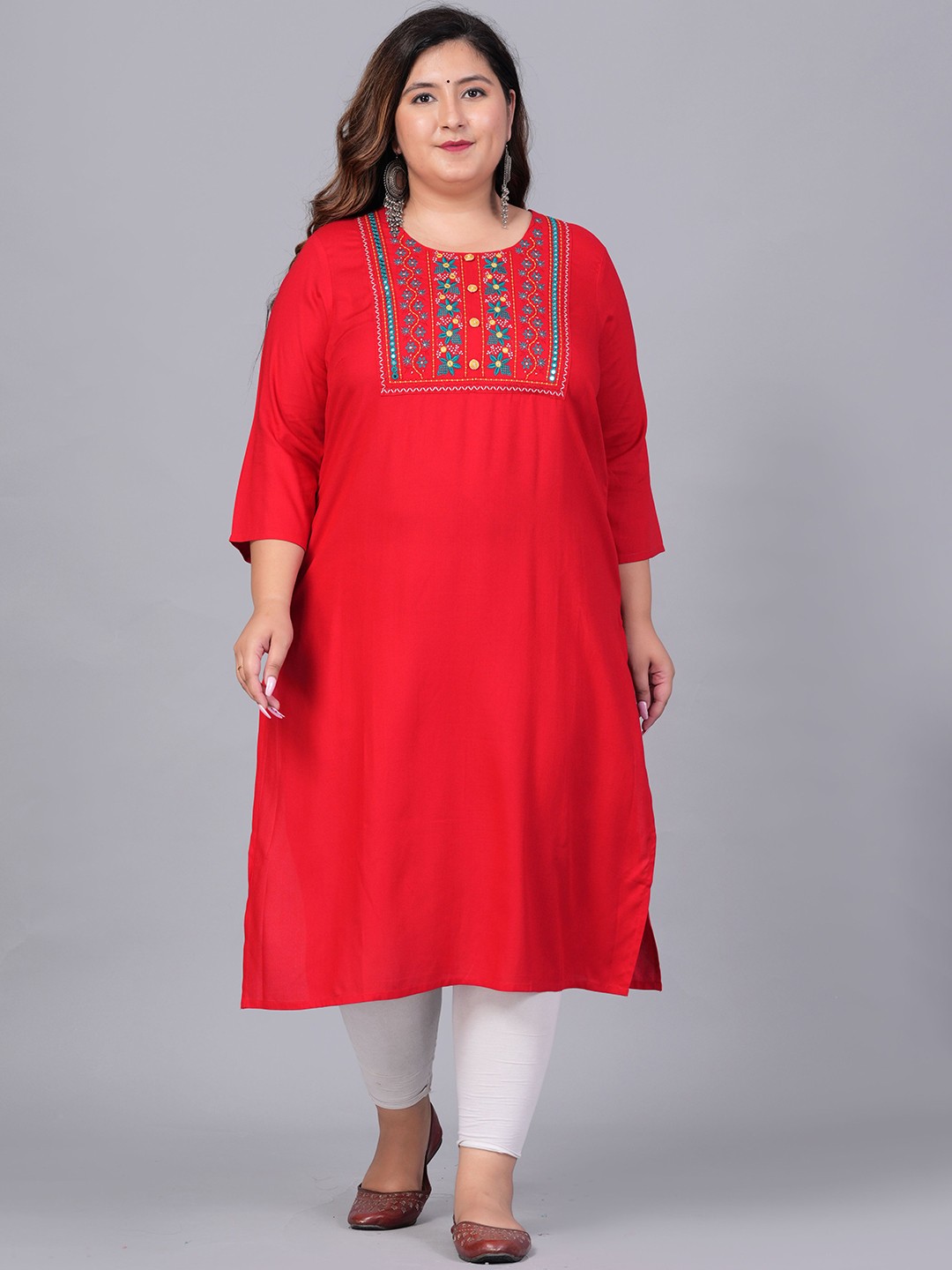 

BAESD Plus Size Yoke Design Thread Work Straight Kurta, Red