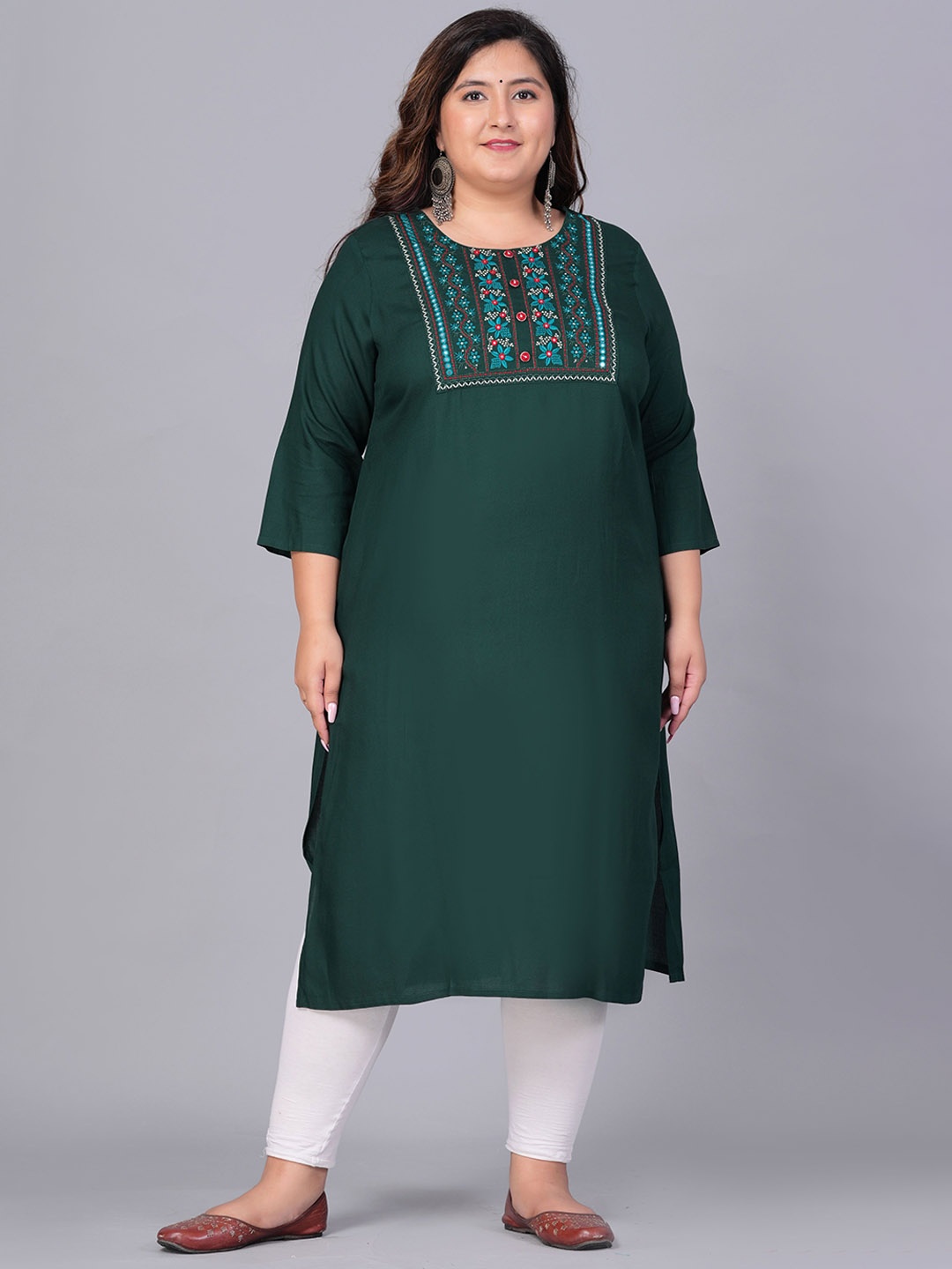 

BAESD Plus Size Floral Yoke Design Thread Work Straight Kurta, Green