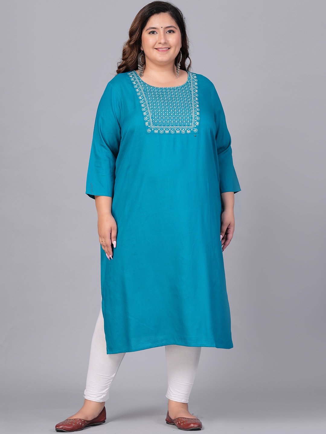 

BAESD Plus Size Floral Yoke Design Thread Work Straight Kurta, Turquoise blue
