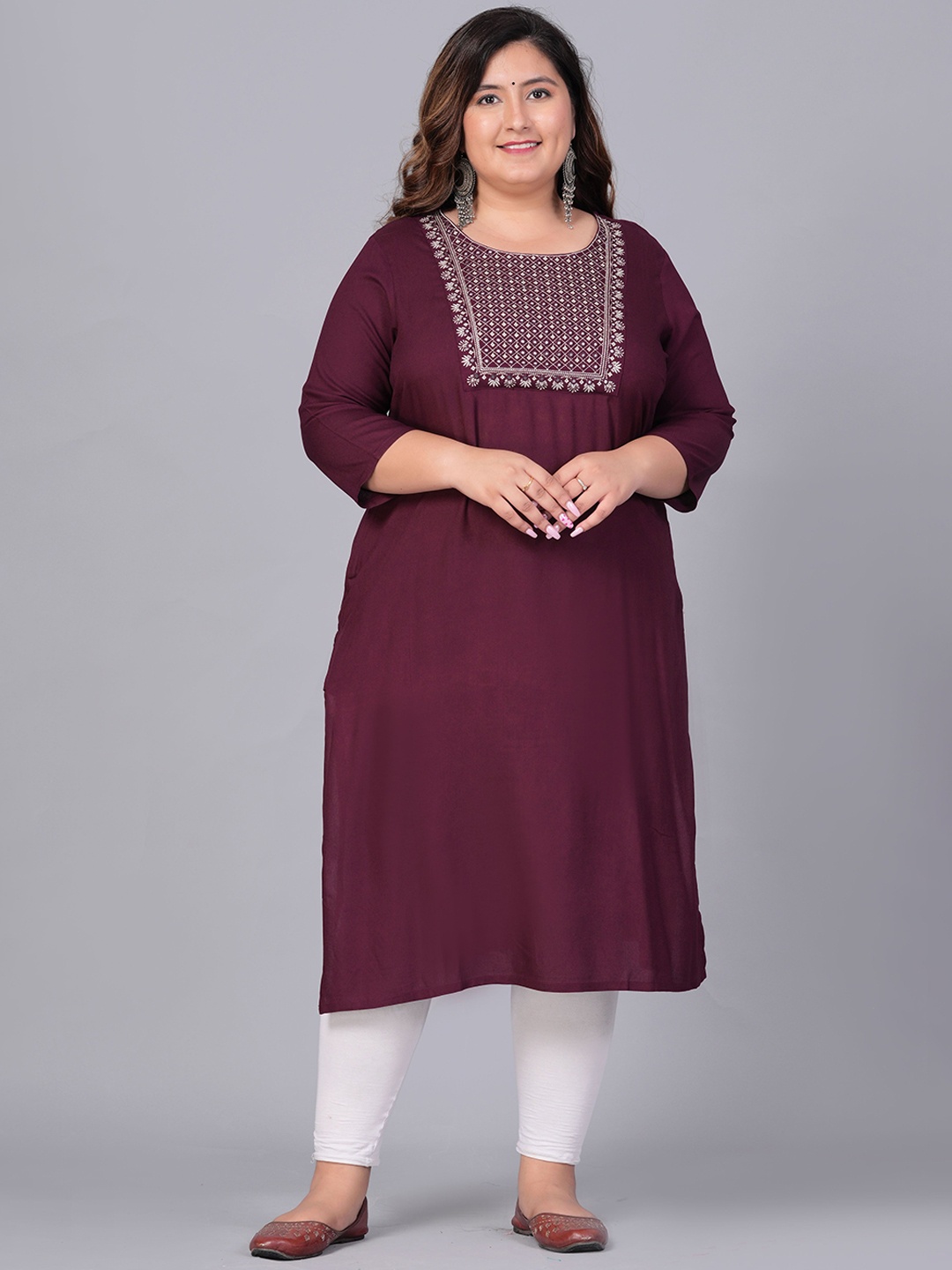 

BAESD Plus Size Floral Yoke Design Thread Work Straight Kurta, Maroon