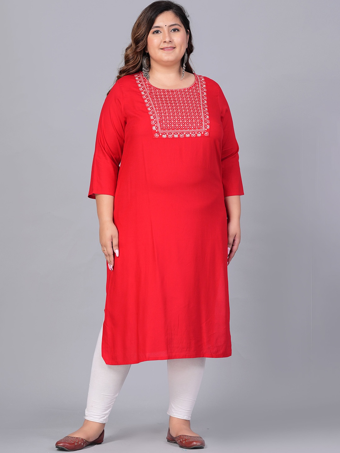 

BAESD Plus Size Floral Yoke Design Thread Work Straight Kurta, Red