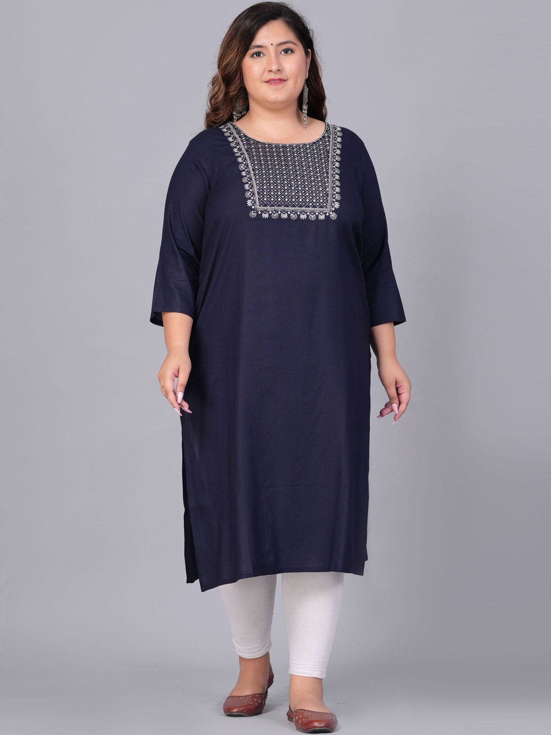 

BAESD Plus Size Yoke Design Thread Work Straight Kurta, Navy blue