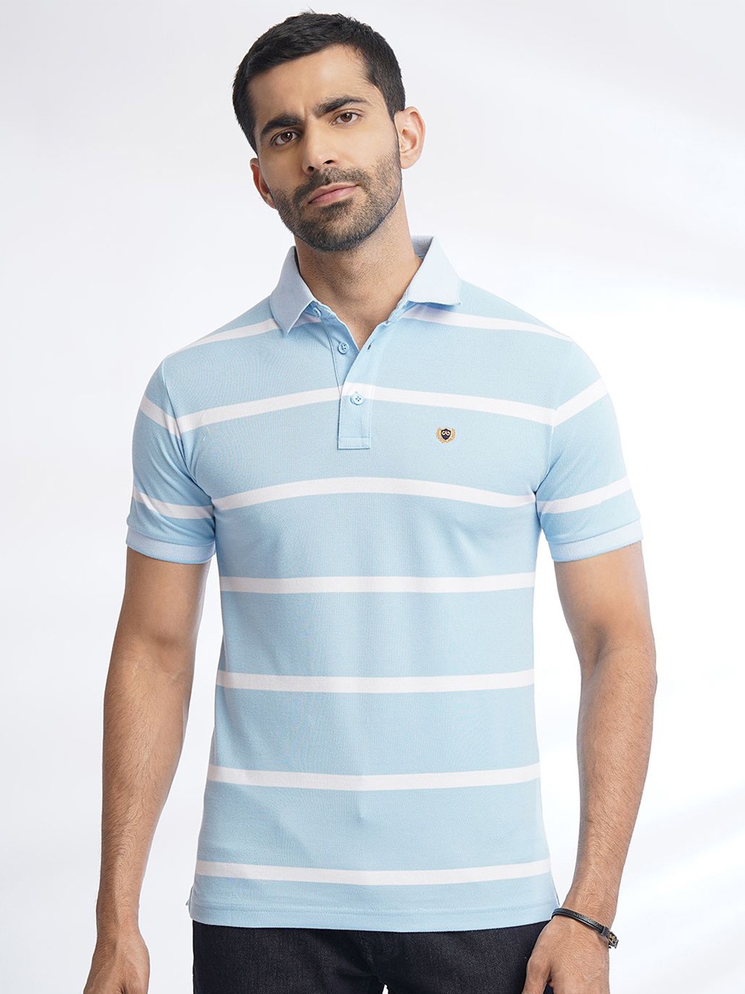 

JADE BLUE Men Striped Polo Collar Pure Cotton Pockets Slim Fit T-shirt