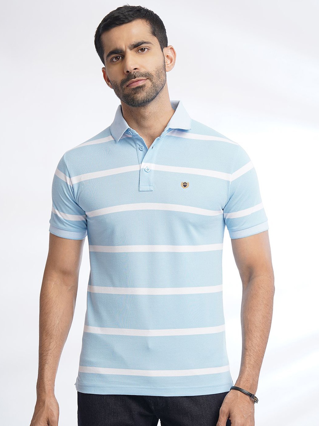 

JADE BLUE Men Striped Polo Collar Pure Cotton Pockets Slim Fit T-shirt
