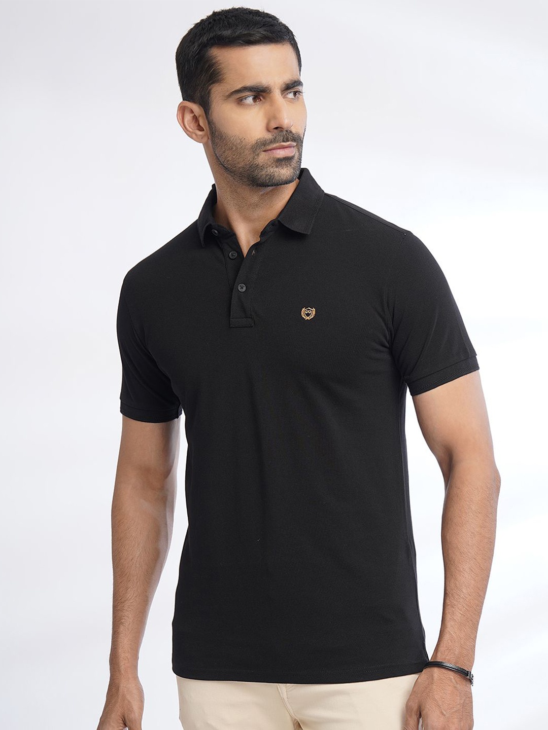 

JADE BLUE Men Polo Collar Pure Cotton Slim Fit T-shirt, Black