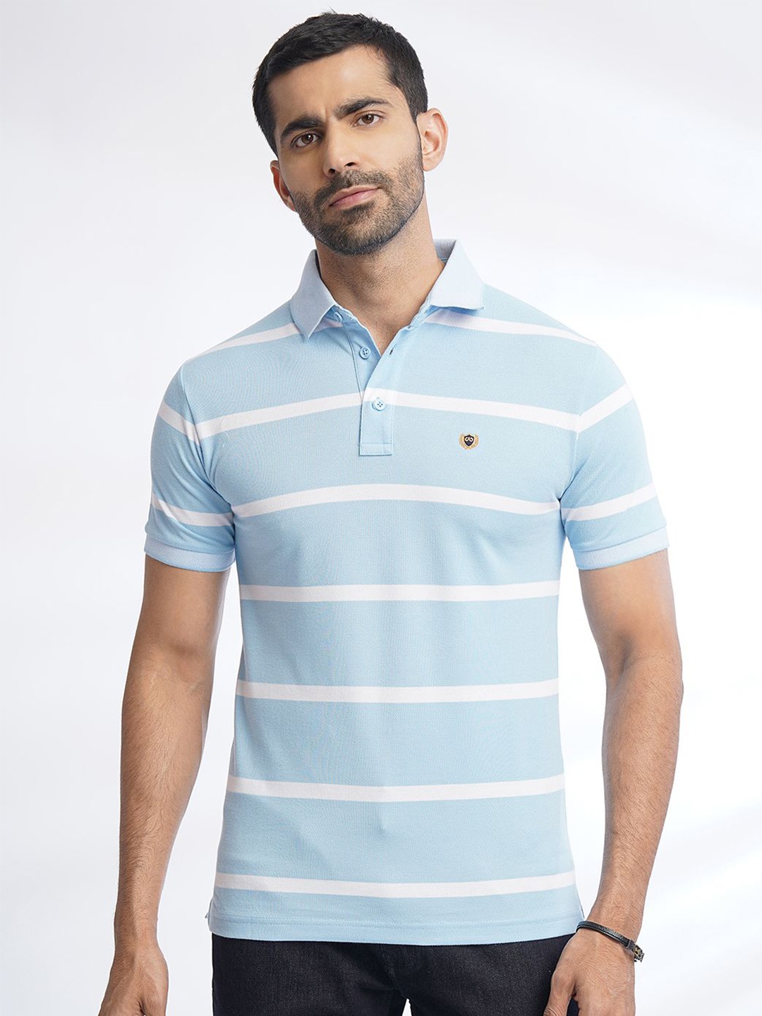

JADE BLUE Men Striped Polo Collar Pure Cotton Pockets Slim Fit T-shirt