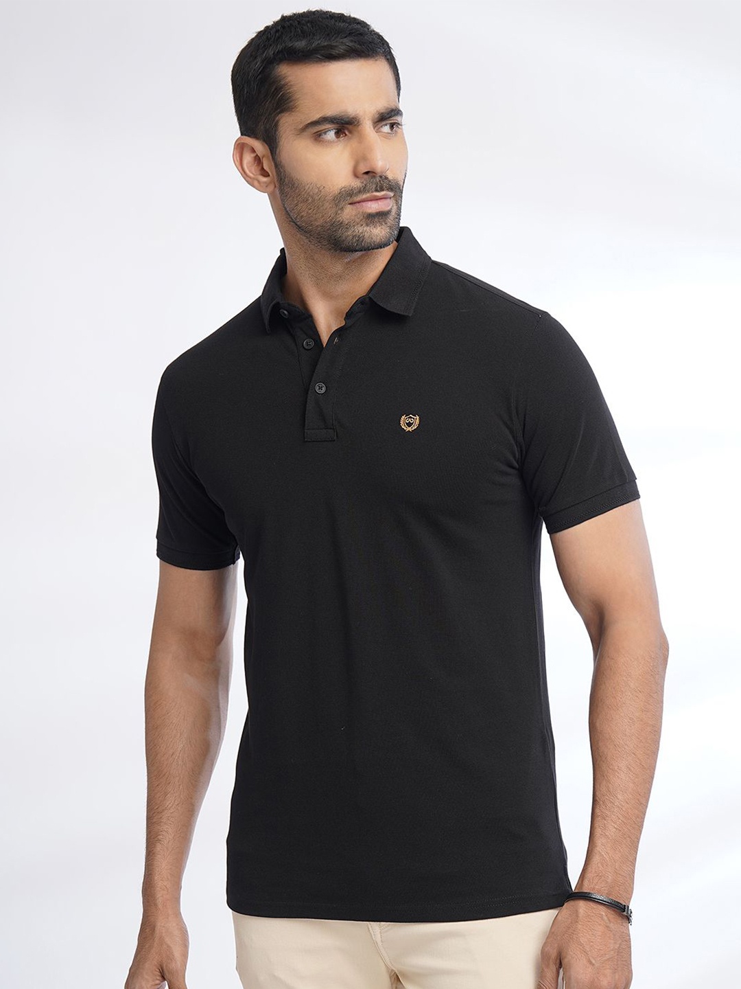 

JADE BLUE Men Polo Collar Pure Cotton Slim Fit T-shirt, Black