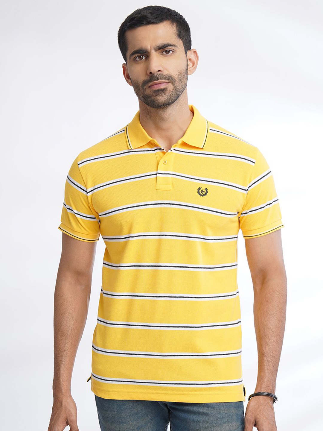 

Greenfibre Men Striped Polo Collar Pockets Slim Fit T-shirt, Yellow