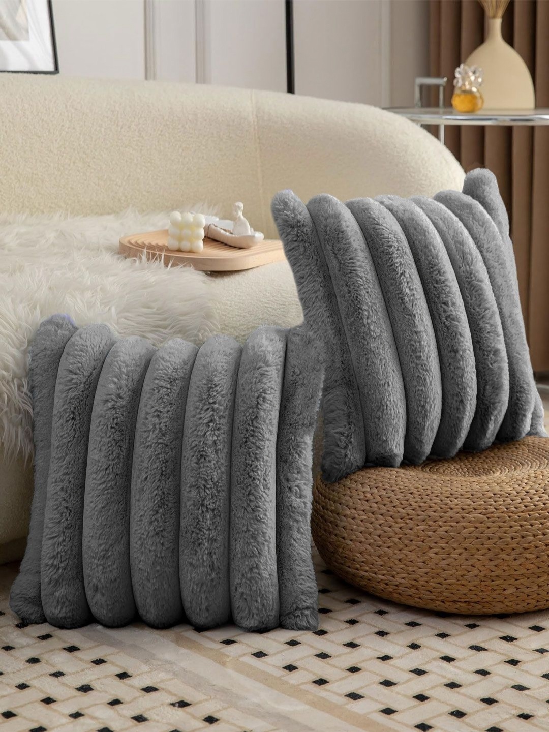 

LUXEHOME INTERNATIONAL Grey 2 Pieces Striped Rectangle Cushion Covers