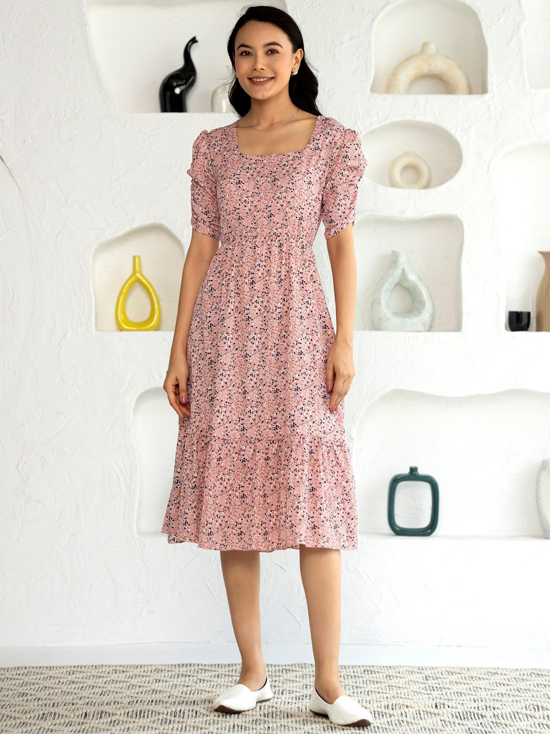 

AASK Floral Print Layered Fit and Flare Dress, Peach
