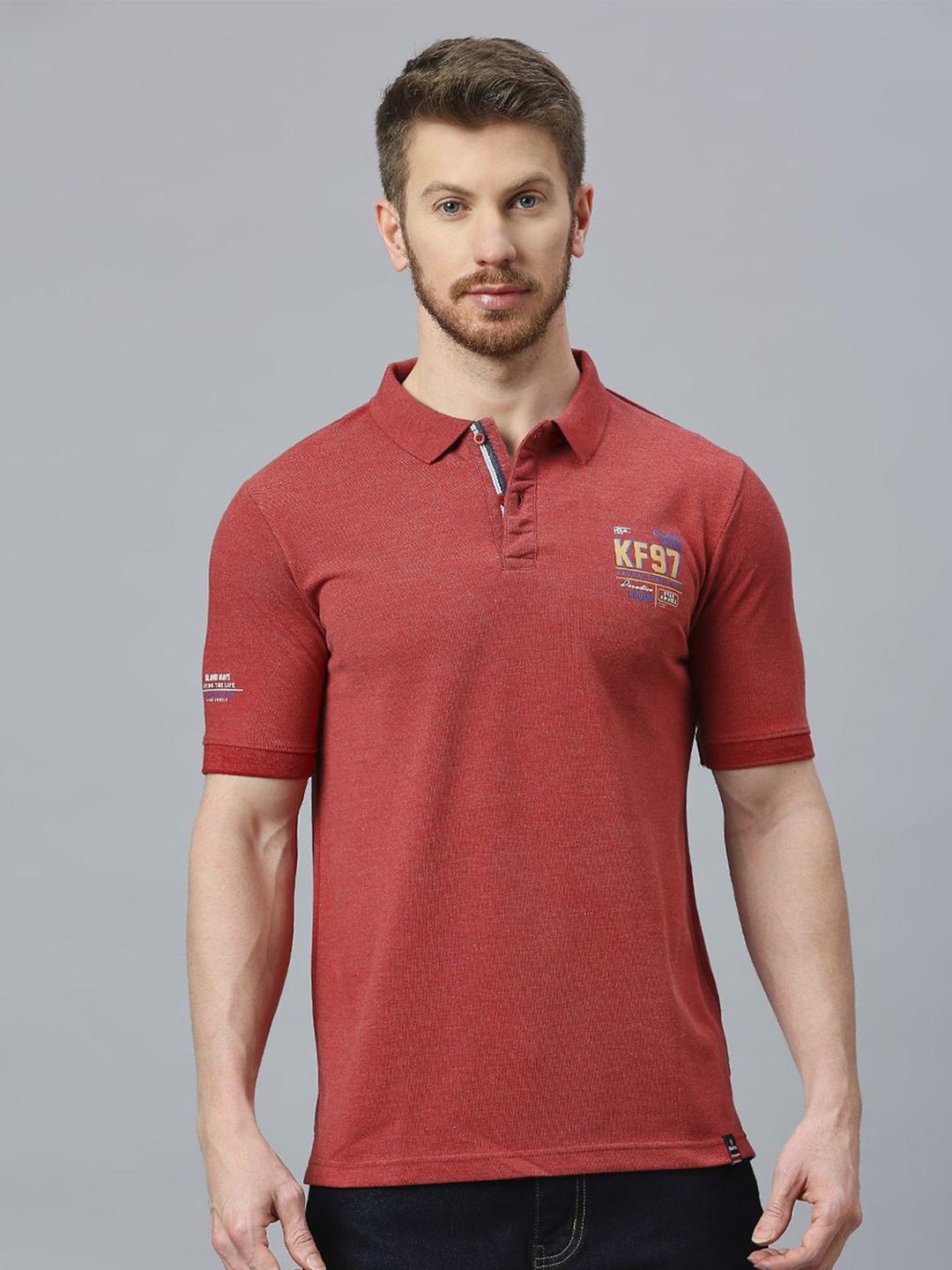 

Klub Fox Men Polo Collar Applique T-shirt, Red