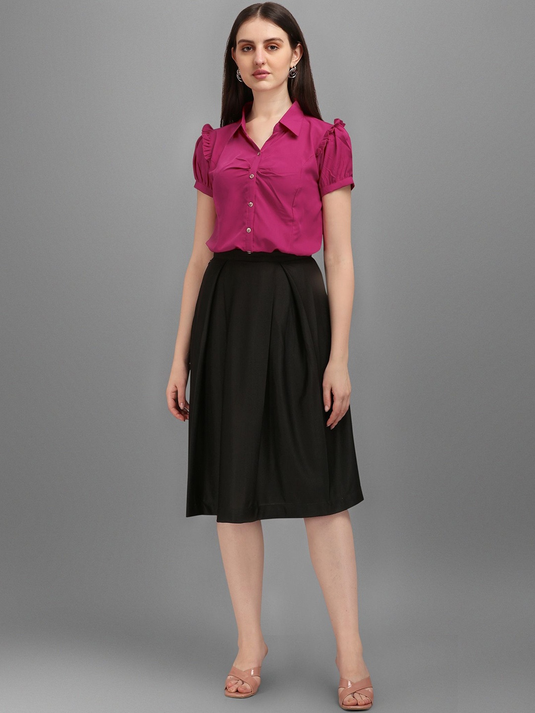 

Kinjo Ruffle Puff Sleeves Casual Shirt With Pleated Skirt, Pink