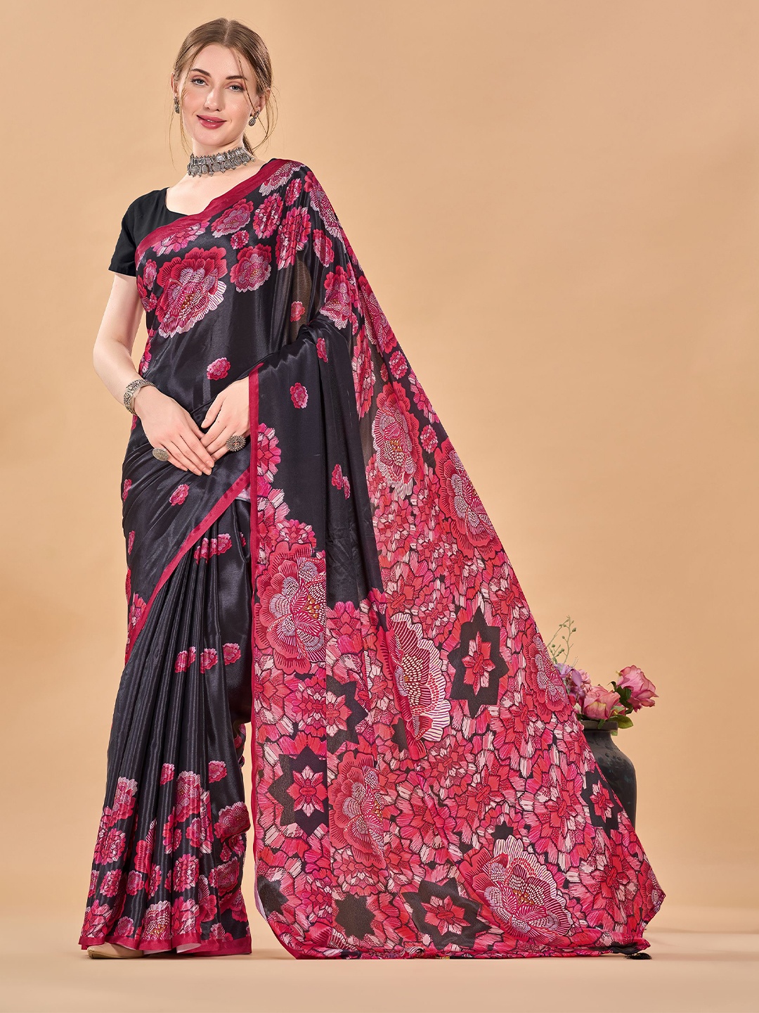 

VIRICA Digital Print Floral Saree, Black