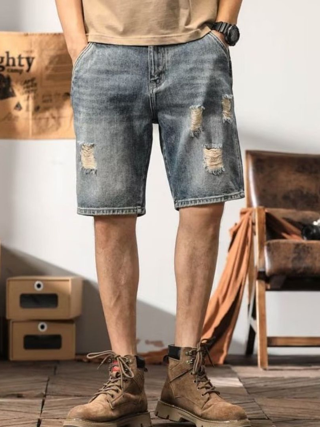 

StyleCast Men Blue Mid-Rise Washed Cotton Denim Shorts