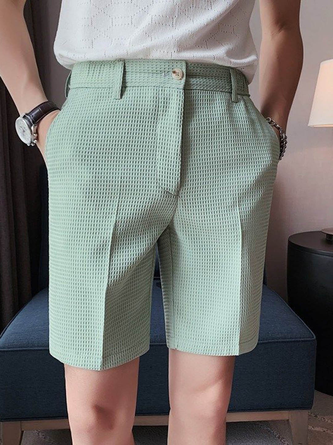 

StyleCast Men Green Self Design Mid-Rise Shorts