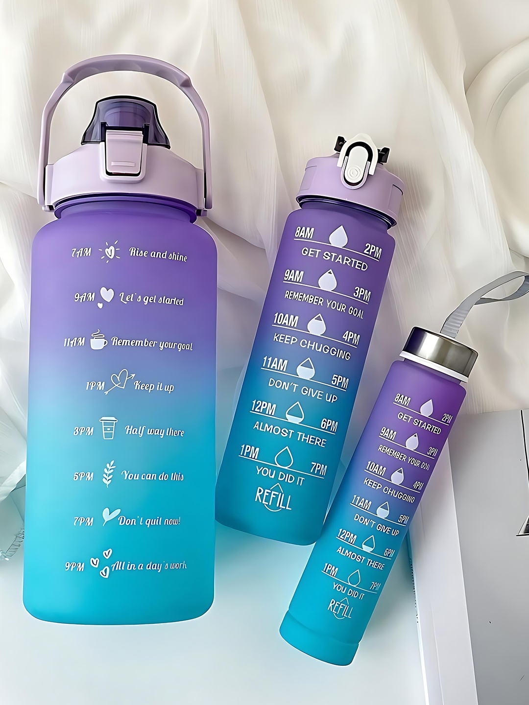 

WELOUR Purple & Blue 3 Pieces Colourblocked Water Bottles
