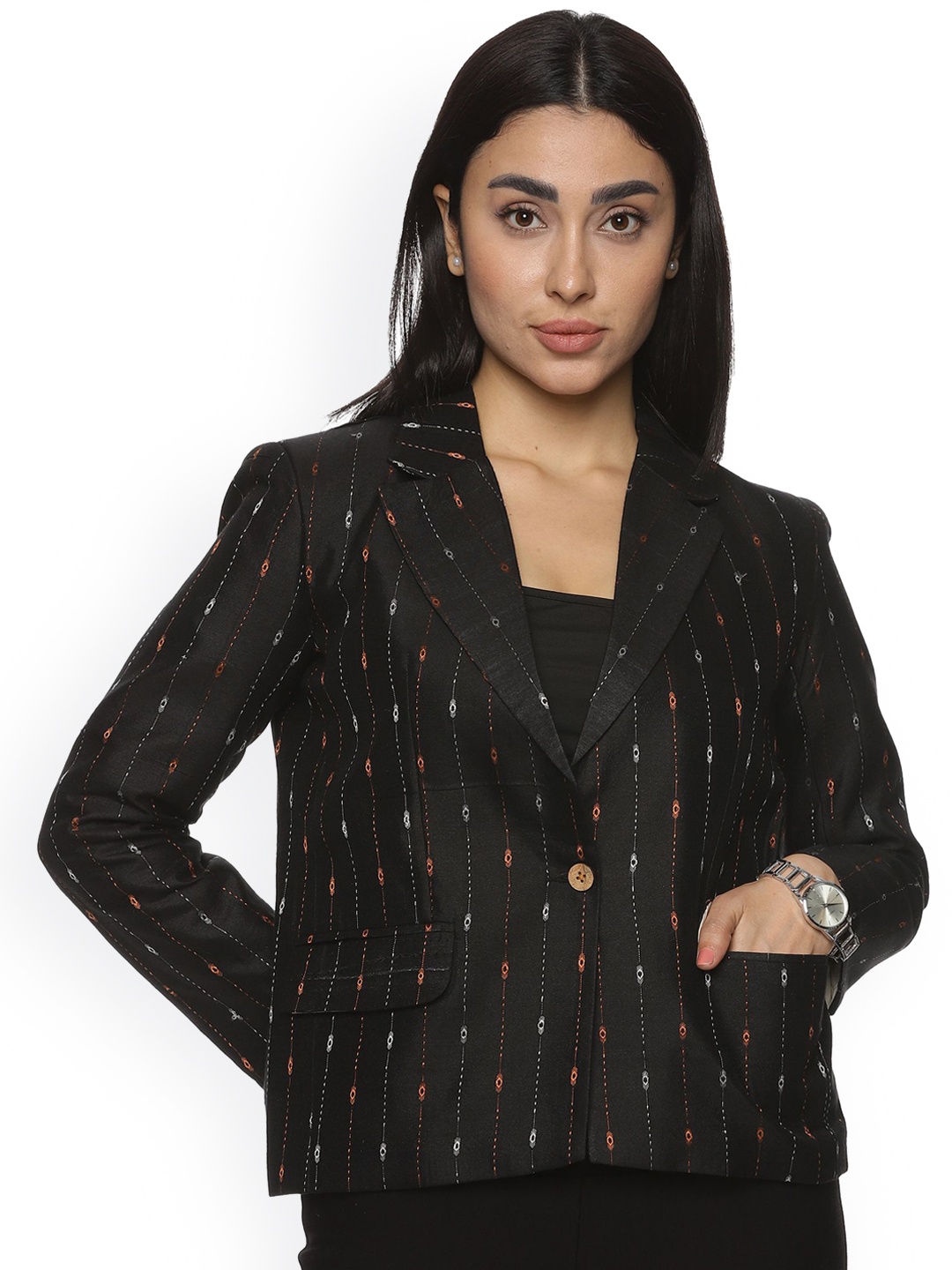 

Indyvarna Printed Notched Lapel Collar Cotton Single Breasted Tailored Fit Blazer, Black