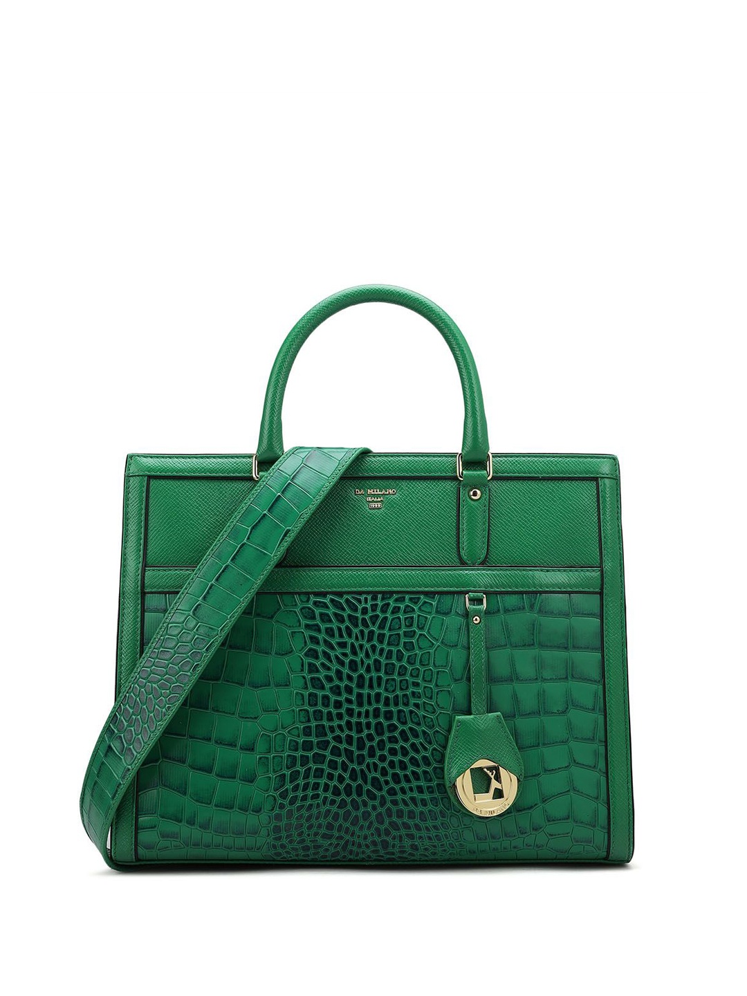 

Da Milano Leather Oversized Structured Handheld Bag with Cut Work, Green