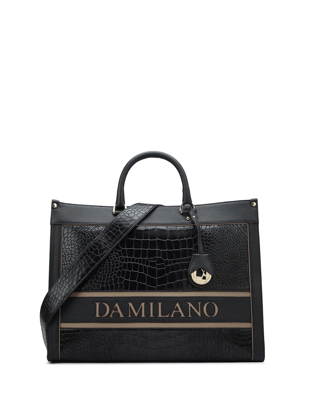 

Da Milano Textured Leather Structured Handheld Bag with Cut Work, Black