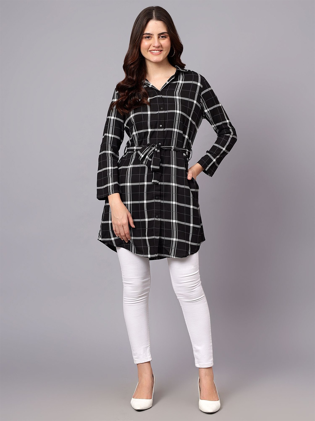 

Cantabil Shirt Collar Checked Tunic, Black