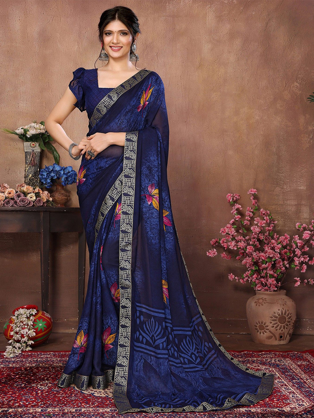 

KALINI Floral Printed Saree, Navy blue