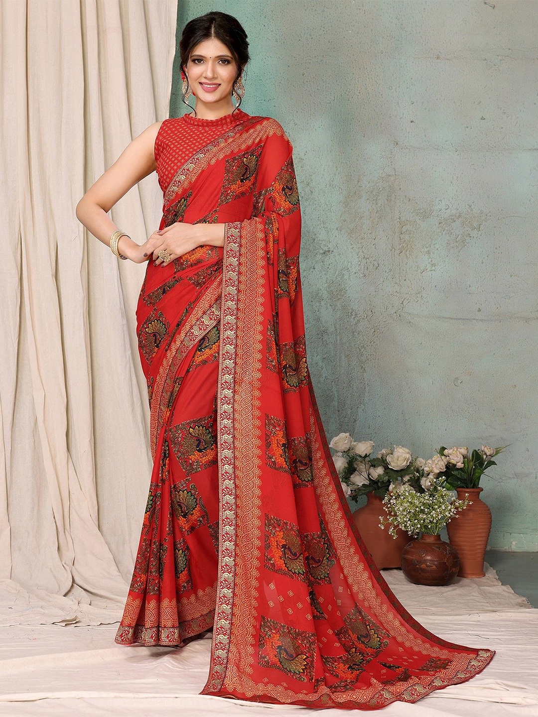 

KALINI Zari Ethnic Motifs Printed Saree, Red