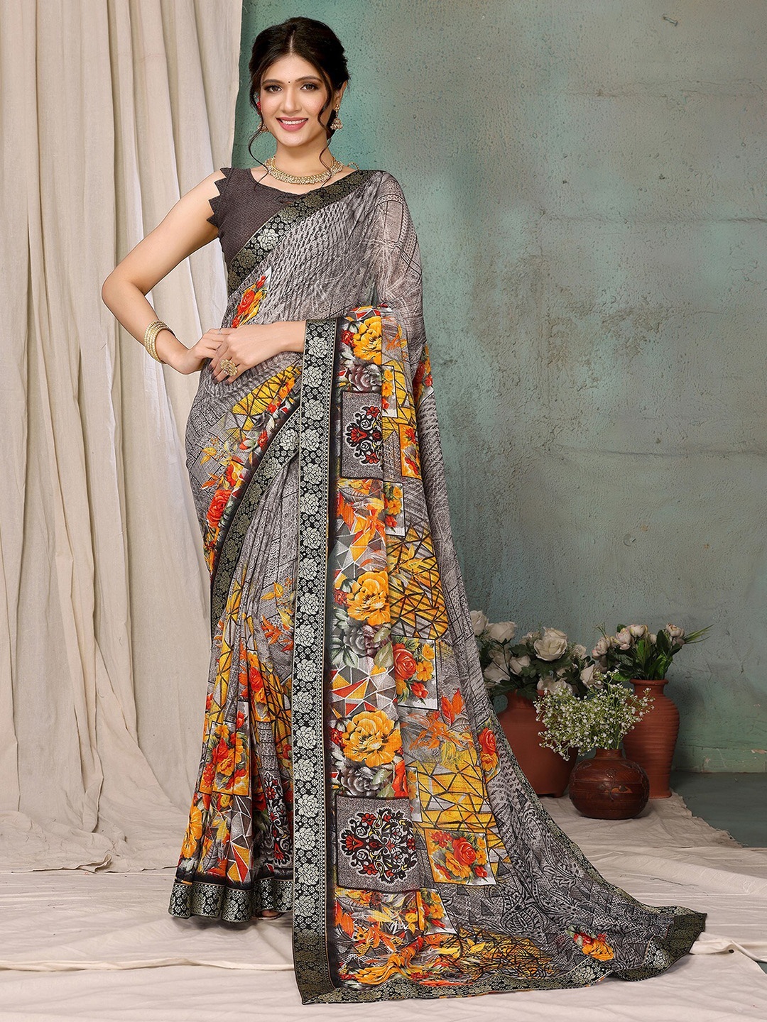 

KALINI Floral Printed Zari Saree, Grey