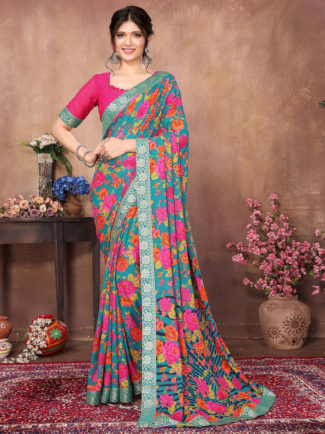 

KALINI Floral Printed Zari Saree, Green