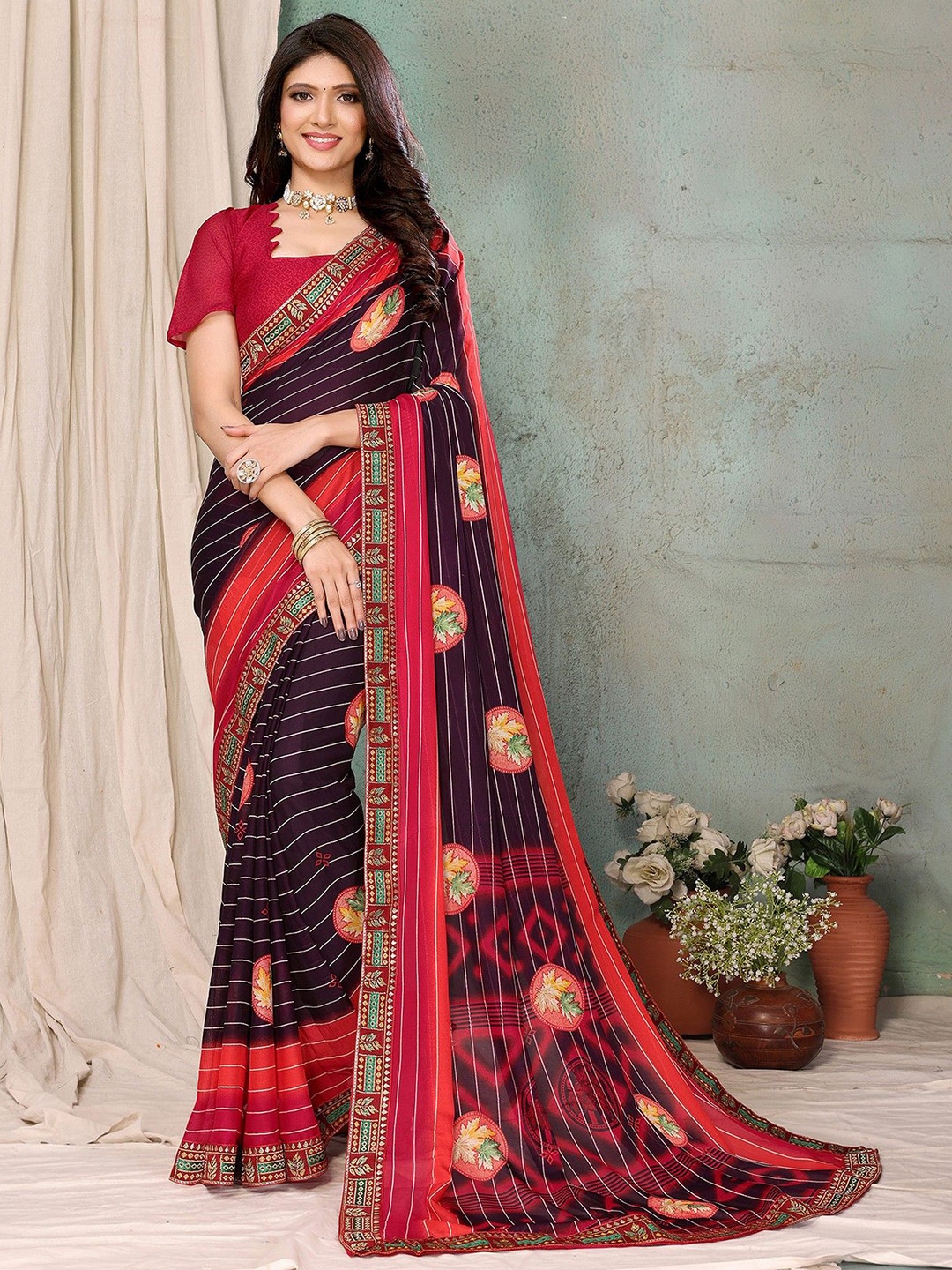 

KALINI Floral Printed Zari Saree, Red