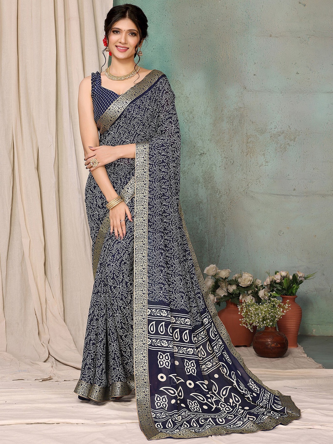

KALINI Ethnic Motifs Printed Zari Saree, Navy blue