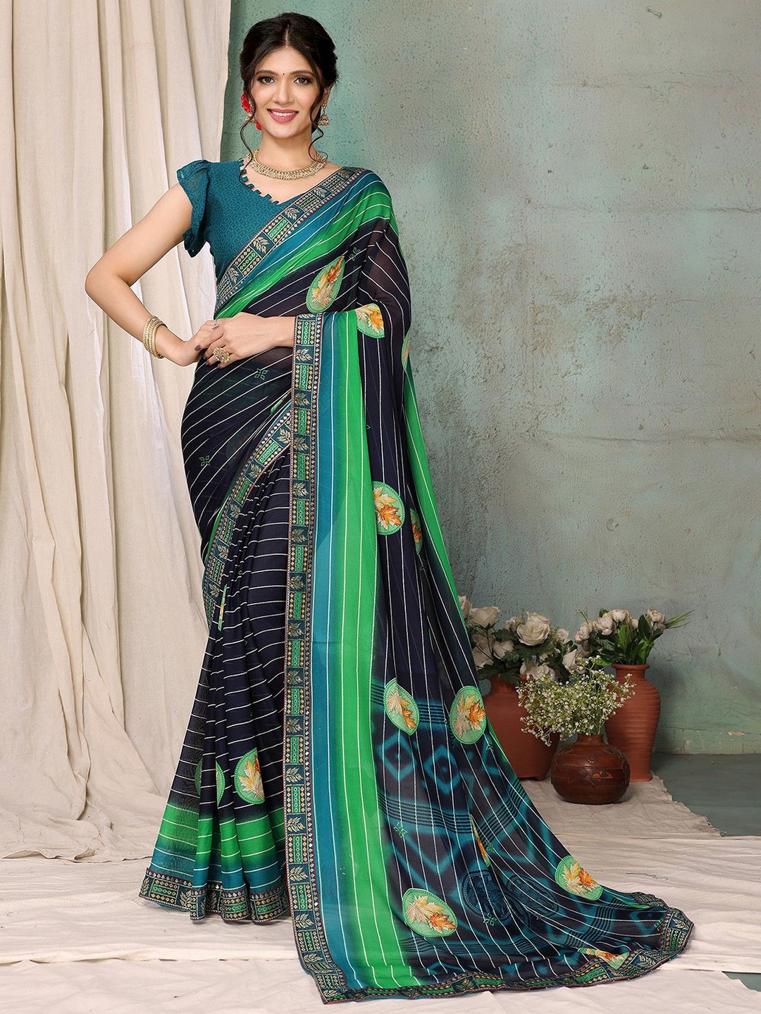 

KALINI Floral Printed Zari Saree, Navy blue
