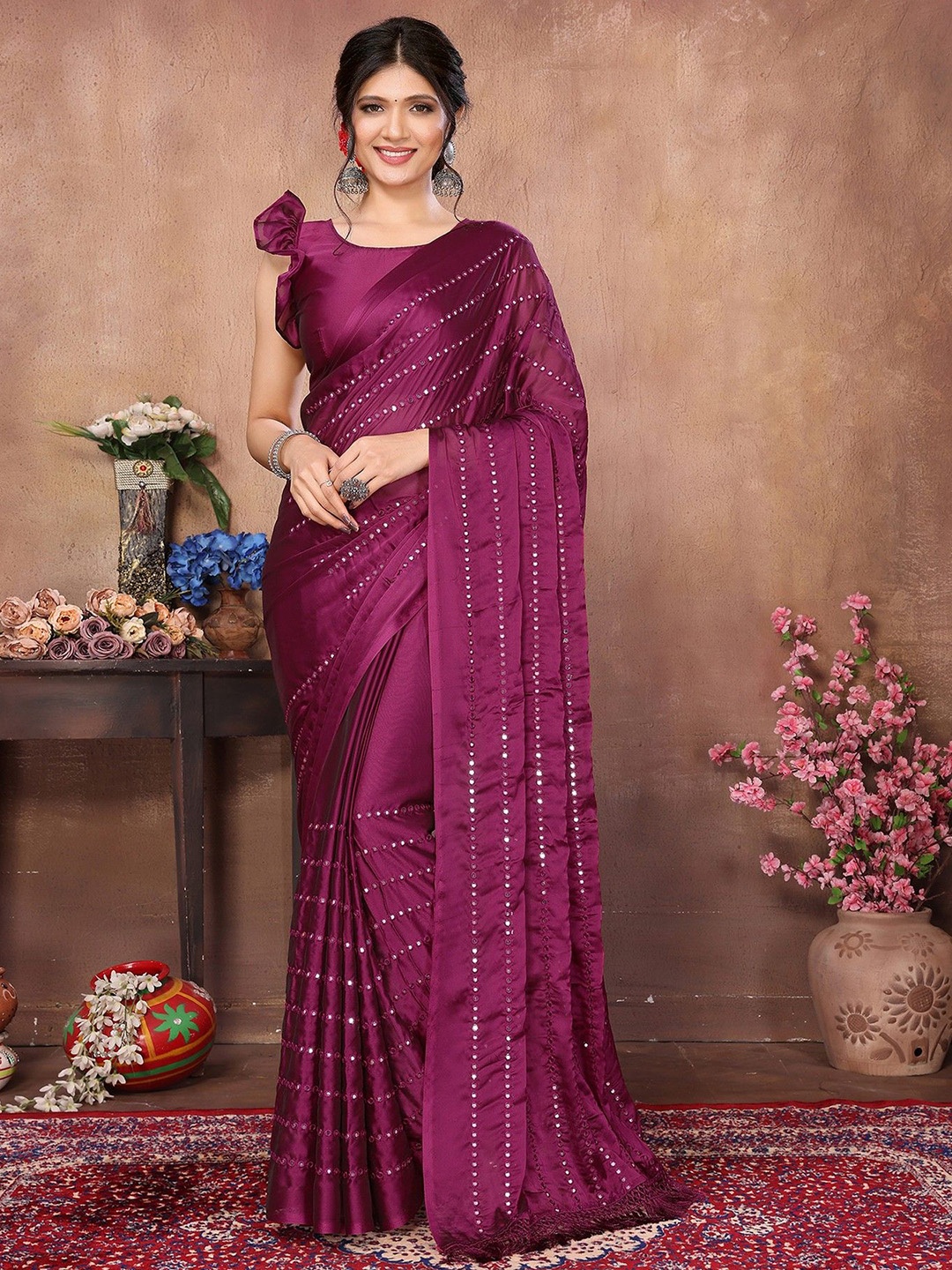 

KALINI Embellished Mirror Work Saree, Purple